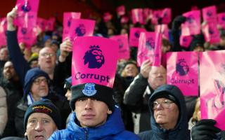 Everton fans protest against the Premier League after an independent commission docked them an initial 10 points for breaching the league’s financial rules (Nick Potts/PA)