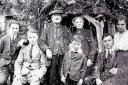 William, Len, David and Agnes Rose Hunt, Harry Grant Barnes and May Hunt outside Birds’ Marsh Cottage with an unknown boy around 1920.
