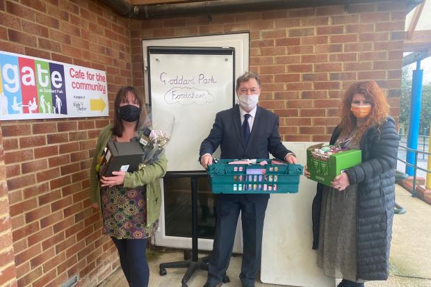 Mike Welsh Headteacher of Goddard Park Primary School, Dawn Prosser of Swindon Night Shelter and Carmen Franklin, Chair of the Satellite Rotary Club