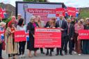 Angela Rayner flanked by Swindon parliamentary candidates Heidi Alexander and Will Stone, council leader Jim Robbins and local party members