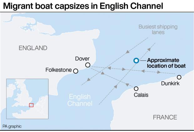 This Is Wiltshire: Migrant boat capsizes in the English channel. Credit: PA Graphics
