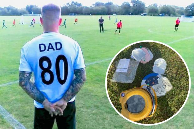 Neil Tustin wearing a shirt in his dad's memory and (inset) the smashed-up defibrillator