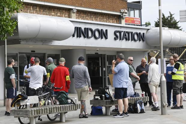 Rail workers on strike outside Swindon Station on 23 June. Photo: Dave Cox