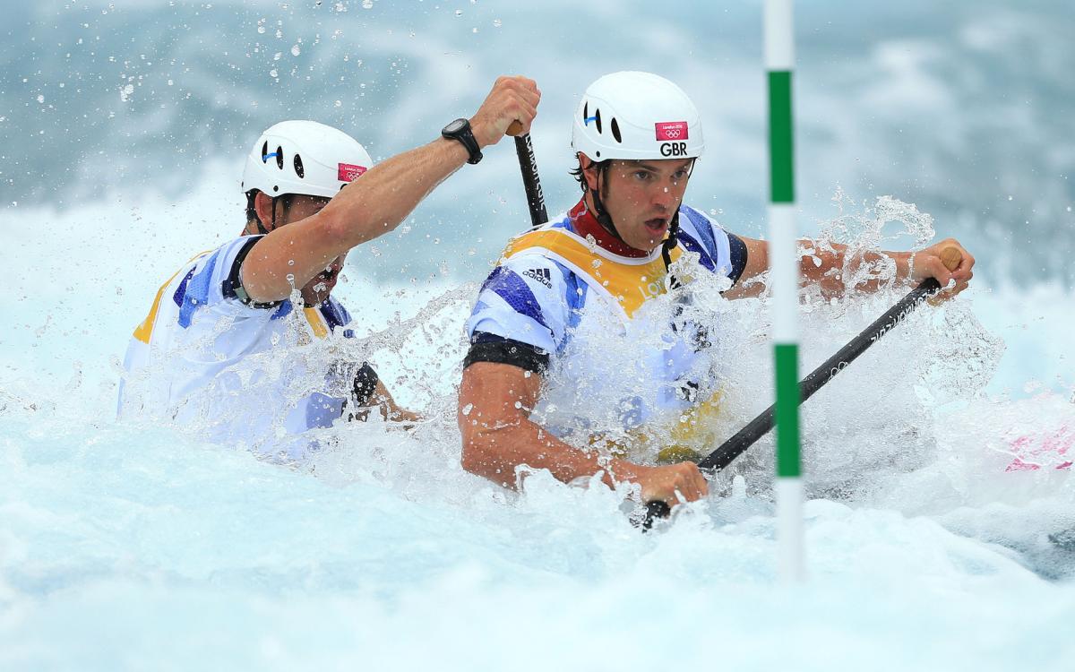 Team GB's Tim Baille and Elienne Stott (left) on their way to a gold medal in the Men's Canoe Double Final at Lee Valley White Water Centre, on the sixth day of the London 2012 Olympics...