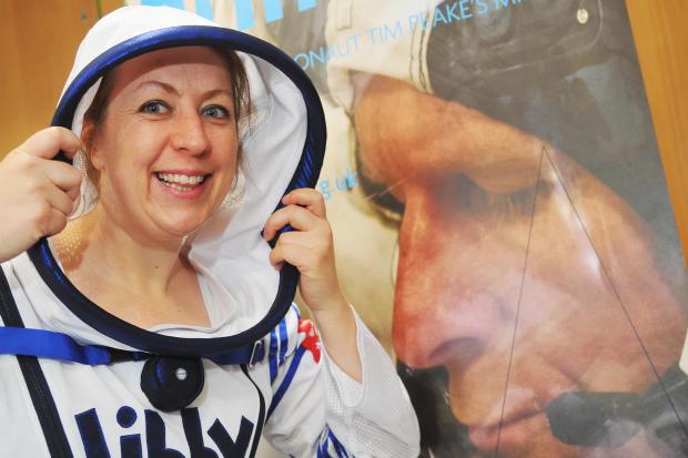 Libby Jackson works at the UK Space Agency â she is running the London Marathon in a pretend space suit to coincide with Tim Peake running in space..Pic - Libby Jackson.Date 19/4/16.Pic By Dave Cox.